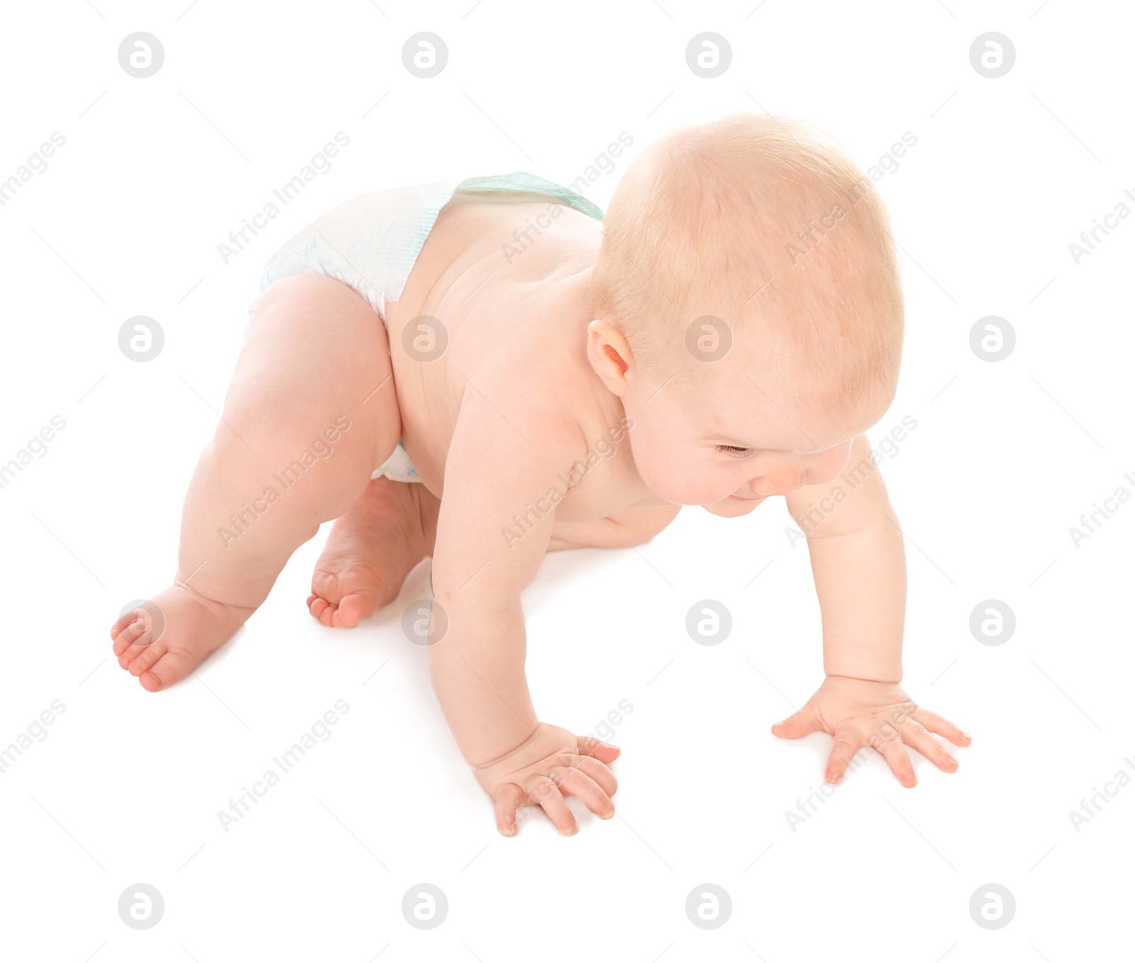 Photo of Cute little baby crawling on white background