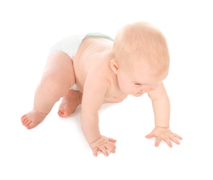 Photo of Cute little baby crawling on white background