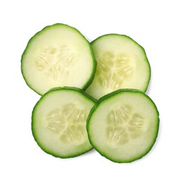 Slices of fresh cucumber isolated on white, above view