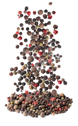 Image of Different peppercorns falling into pile on white background