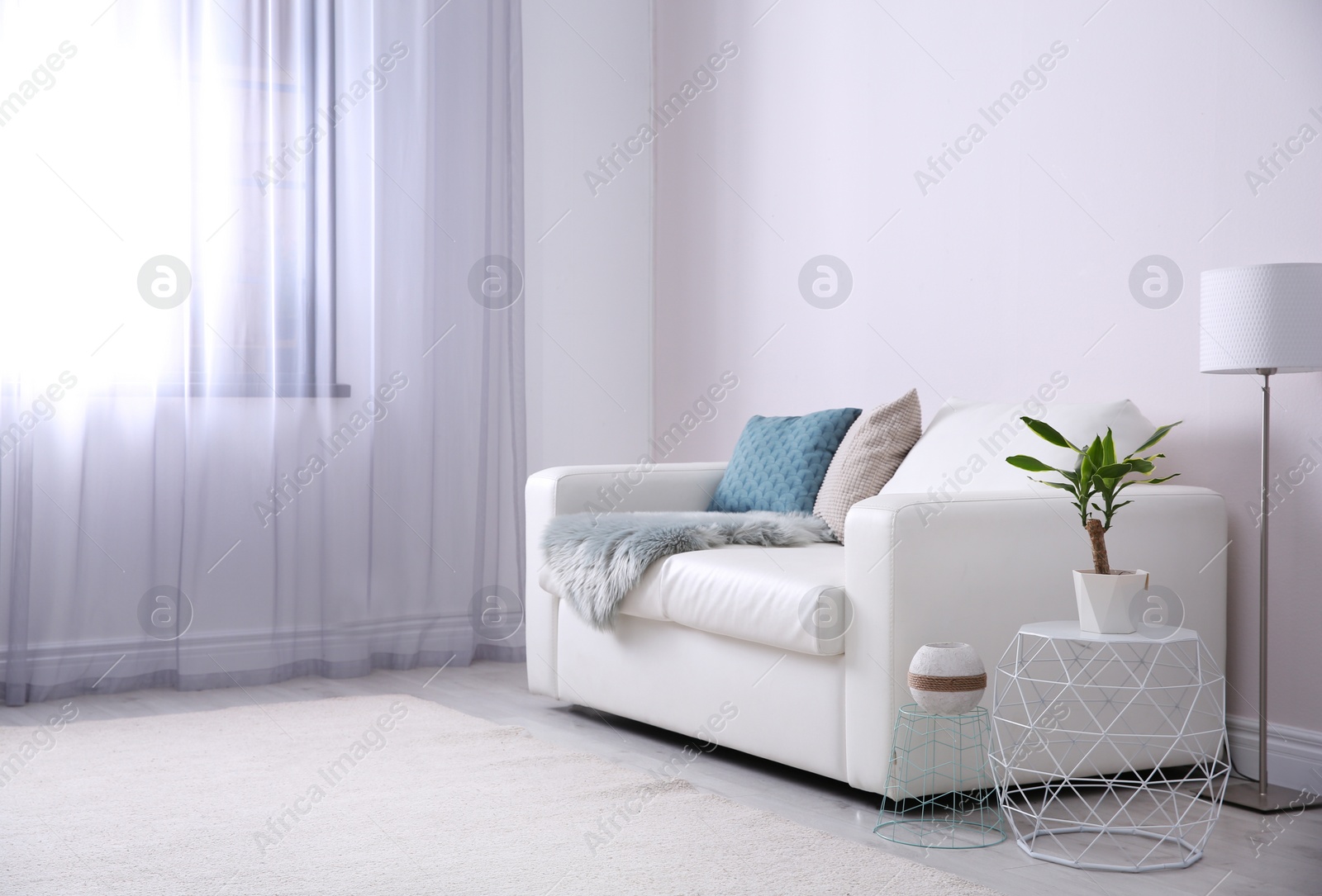 Photo of Modern living room interior with comfortable sofa. Space for text