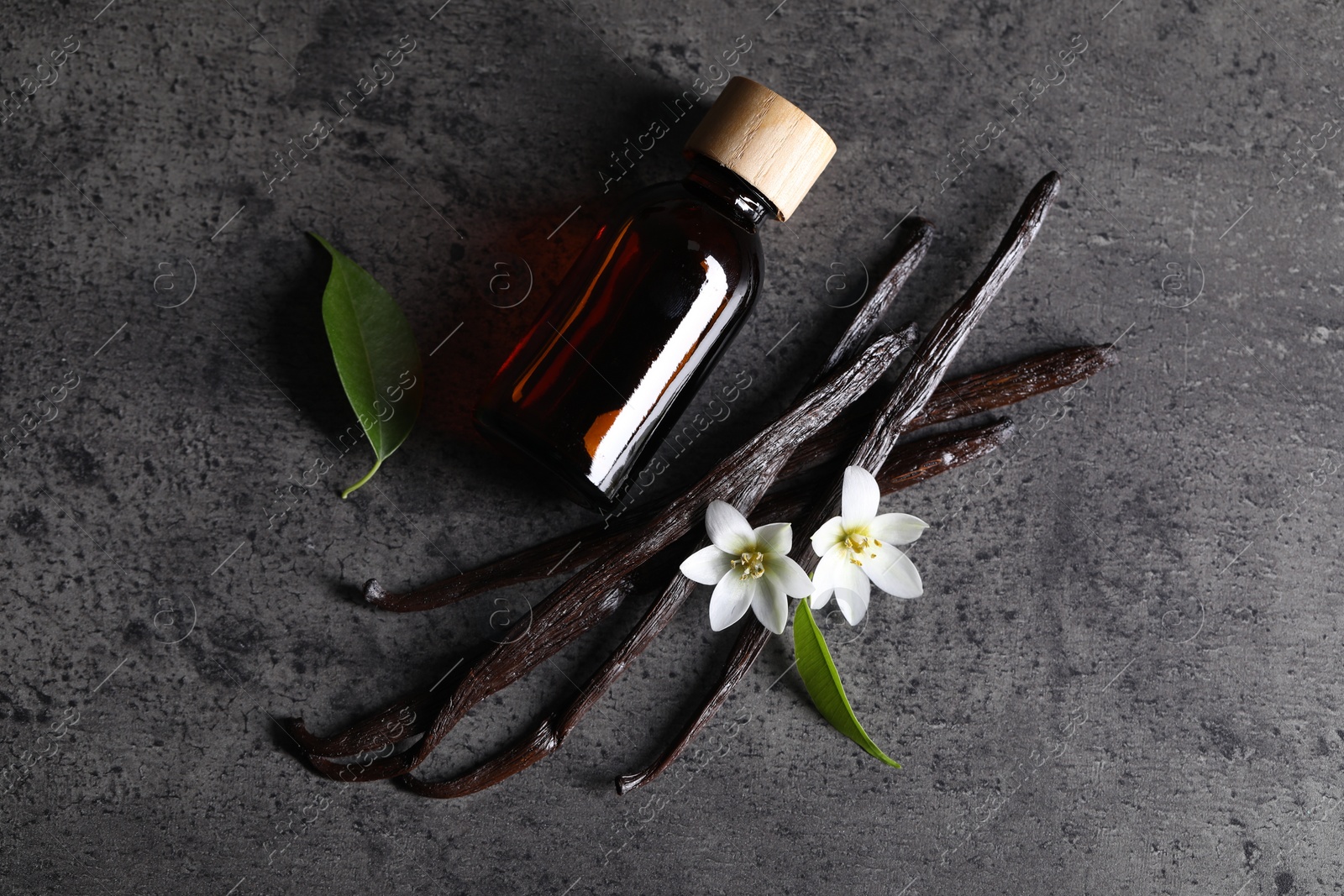 Photo of Vanilla pods, flowers, leaves and bottle with essential oil on grey textured table, flat lay