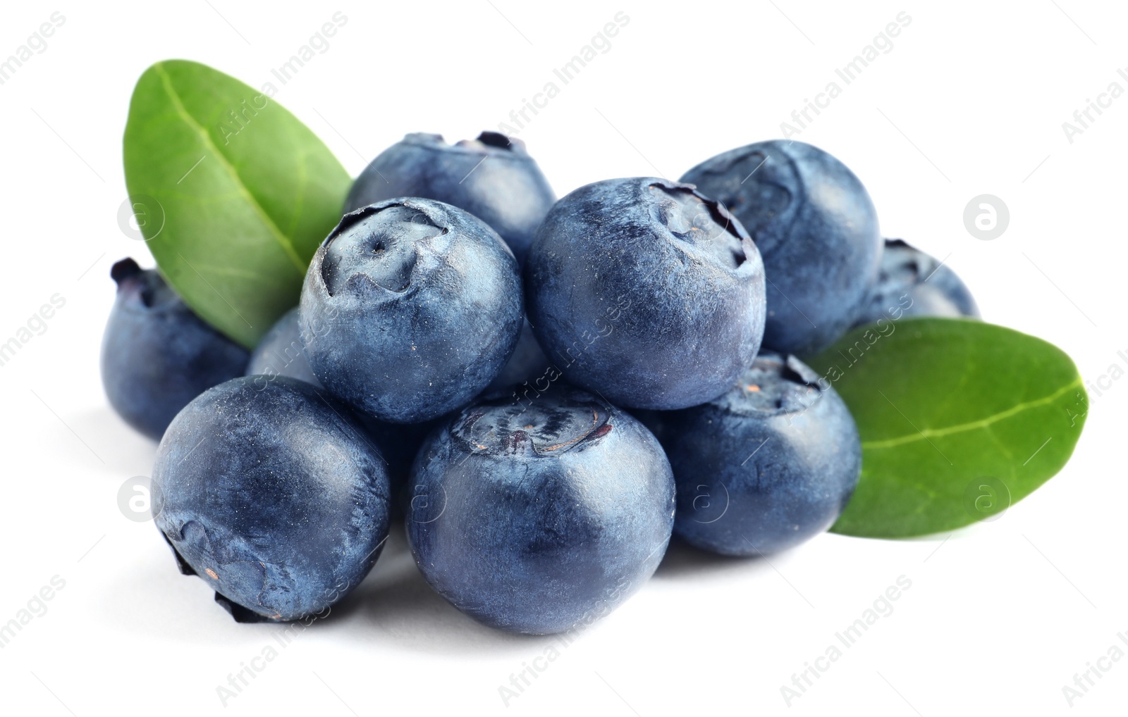 Photo of Fresh raw tasty blueberries with leaves isolated on white