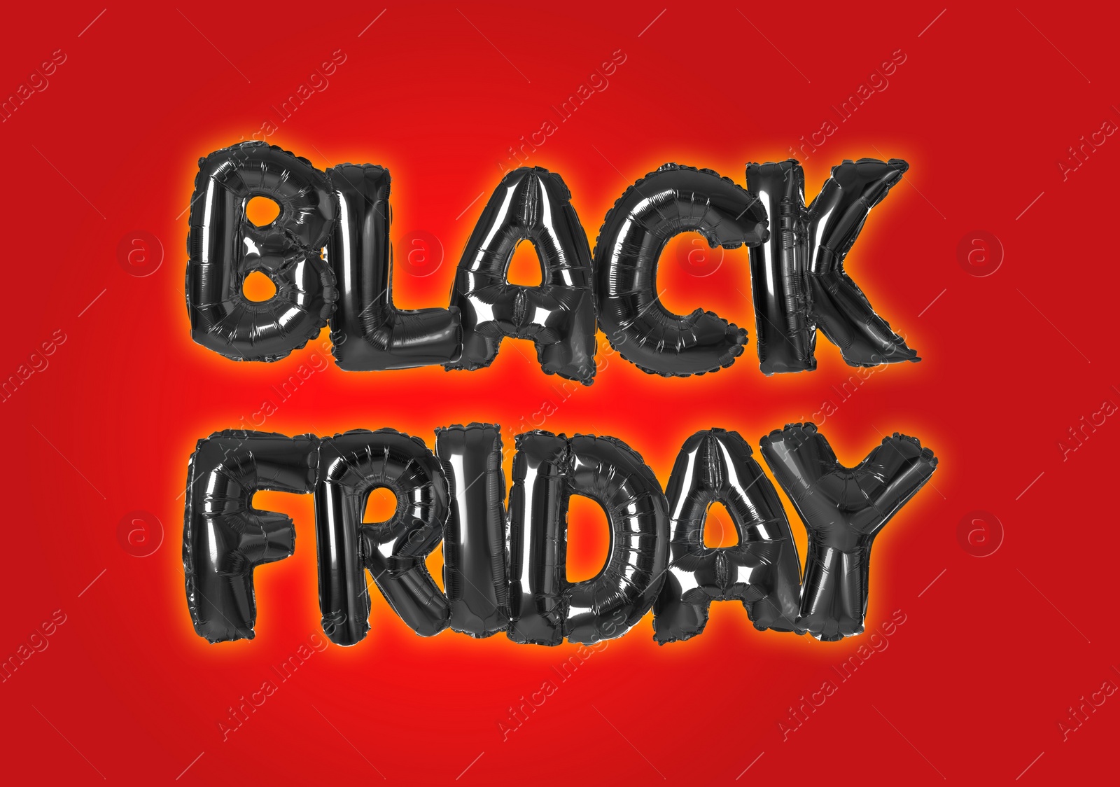 Image of Phrase BLACK FRIDAY made of foil balloon letters on red background 