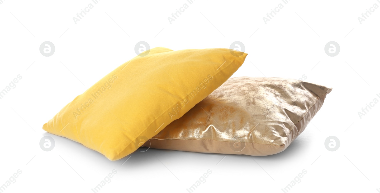 Photo of Different colorful pillows on white background