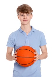 Photo of Teenage boy with basketball ball on white background