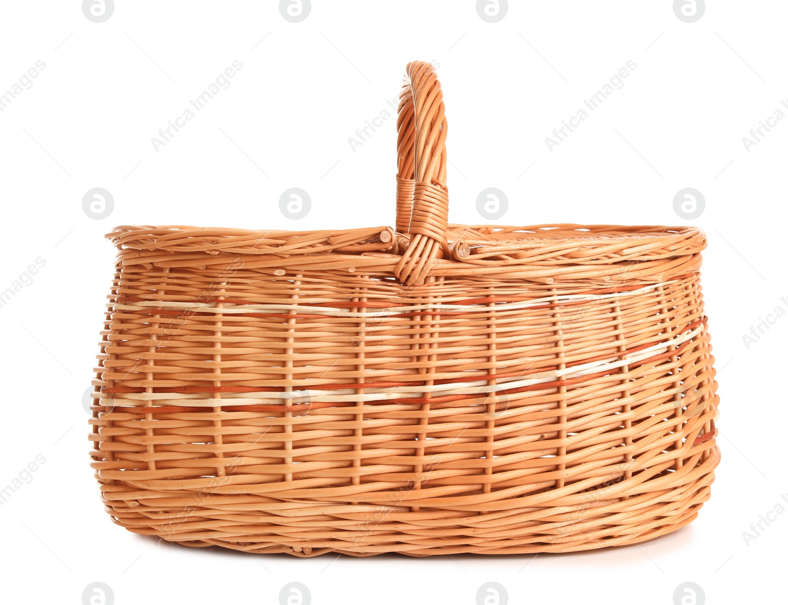 Photo of Empty wicker picnic basket isolated on white