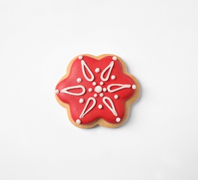 Photo of Tasty homemade Christmas cookie on white background, top view
