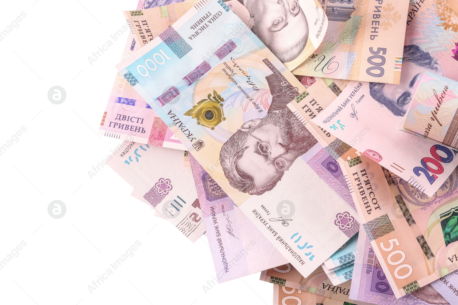 Photo of Ukrainian money on white background, top view