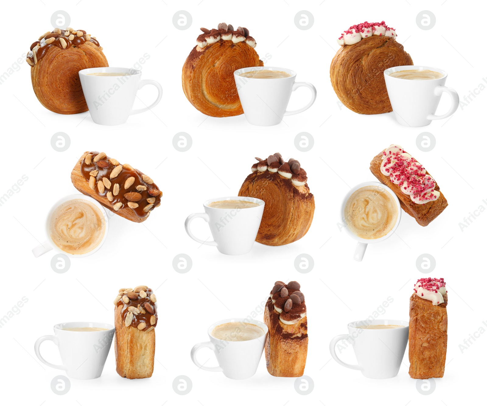 Image of Collection of round croissants and drink isolated on white, top and side views. Puff pastry