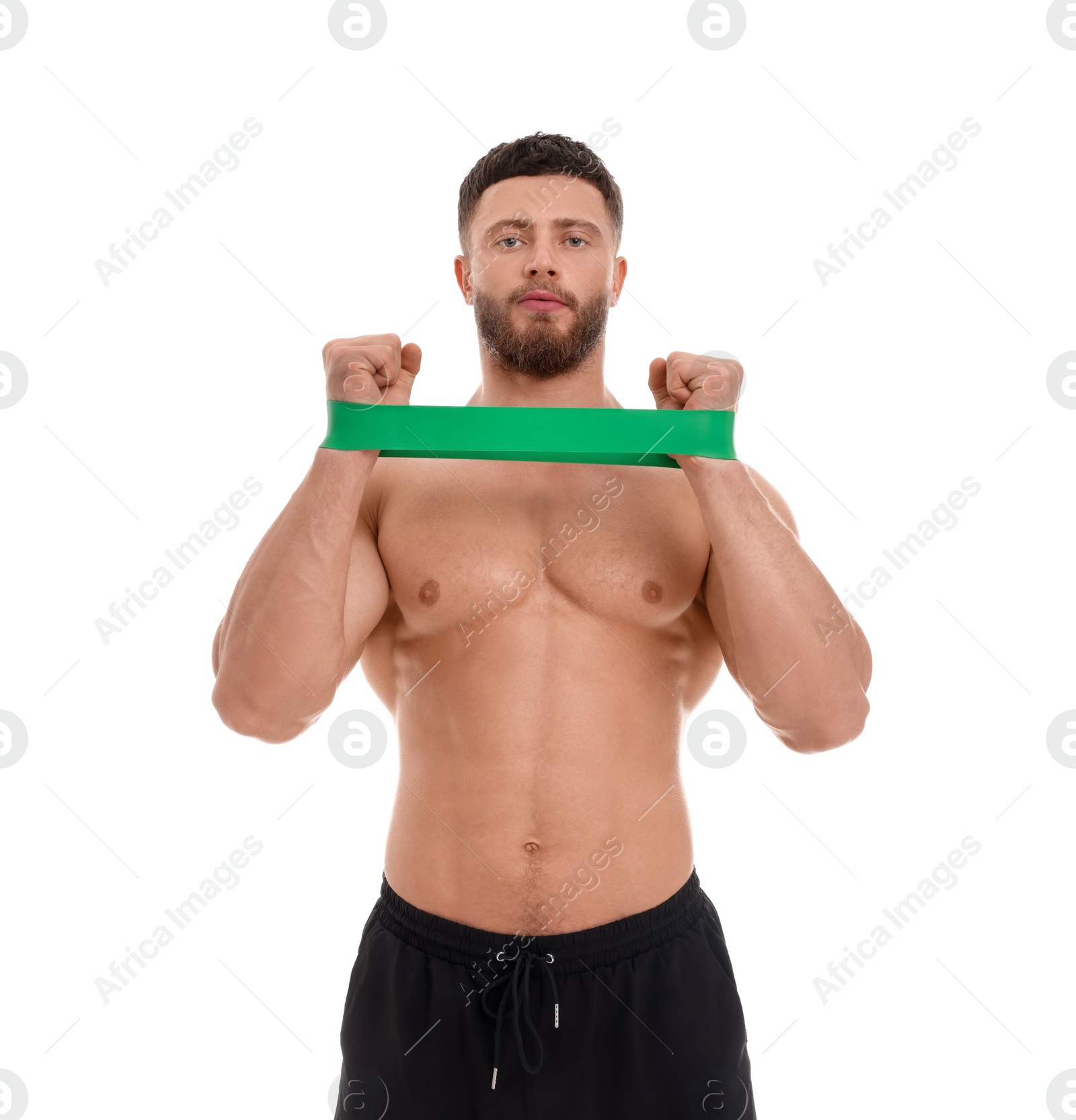 Photo of Young man exercising with elastic resistance band on white background