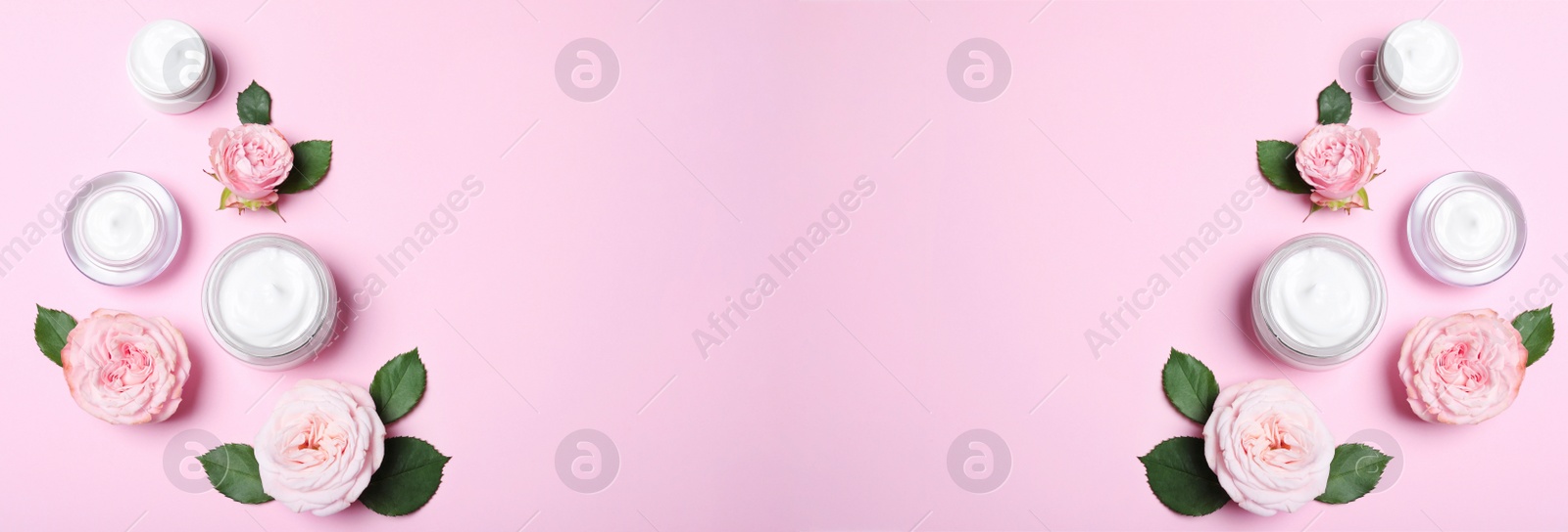 Image of Flat lay composition with cosmetic products and flowers on pink background, space for text. Banner design