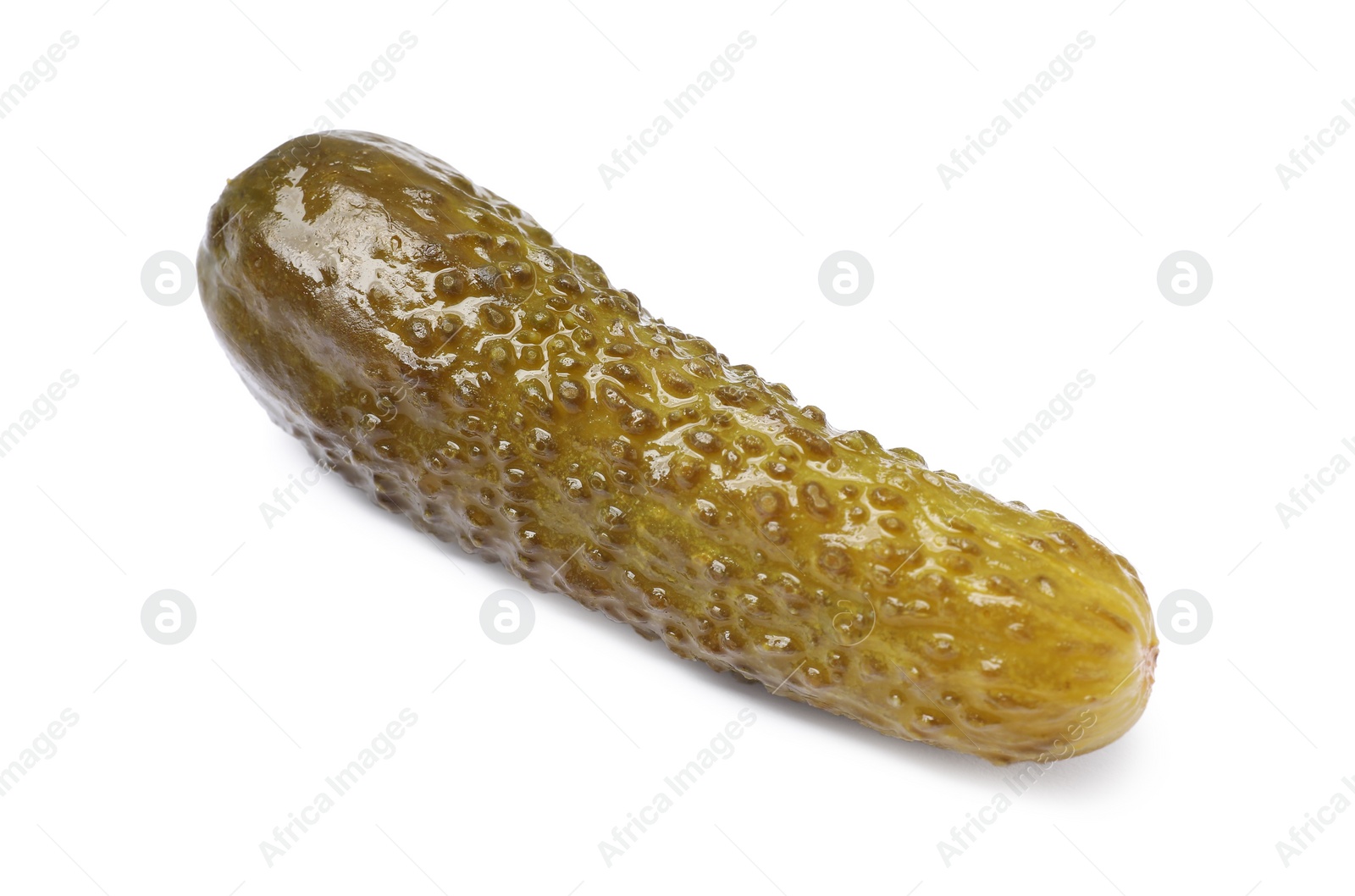 Photo of One tasty pickled cucumber isolated on white