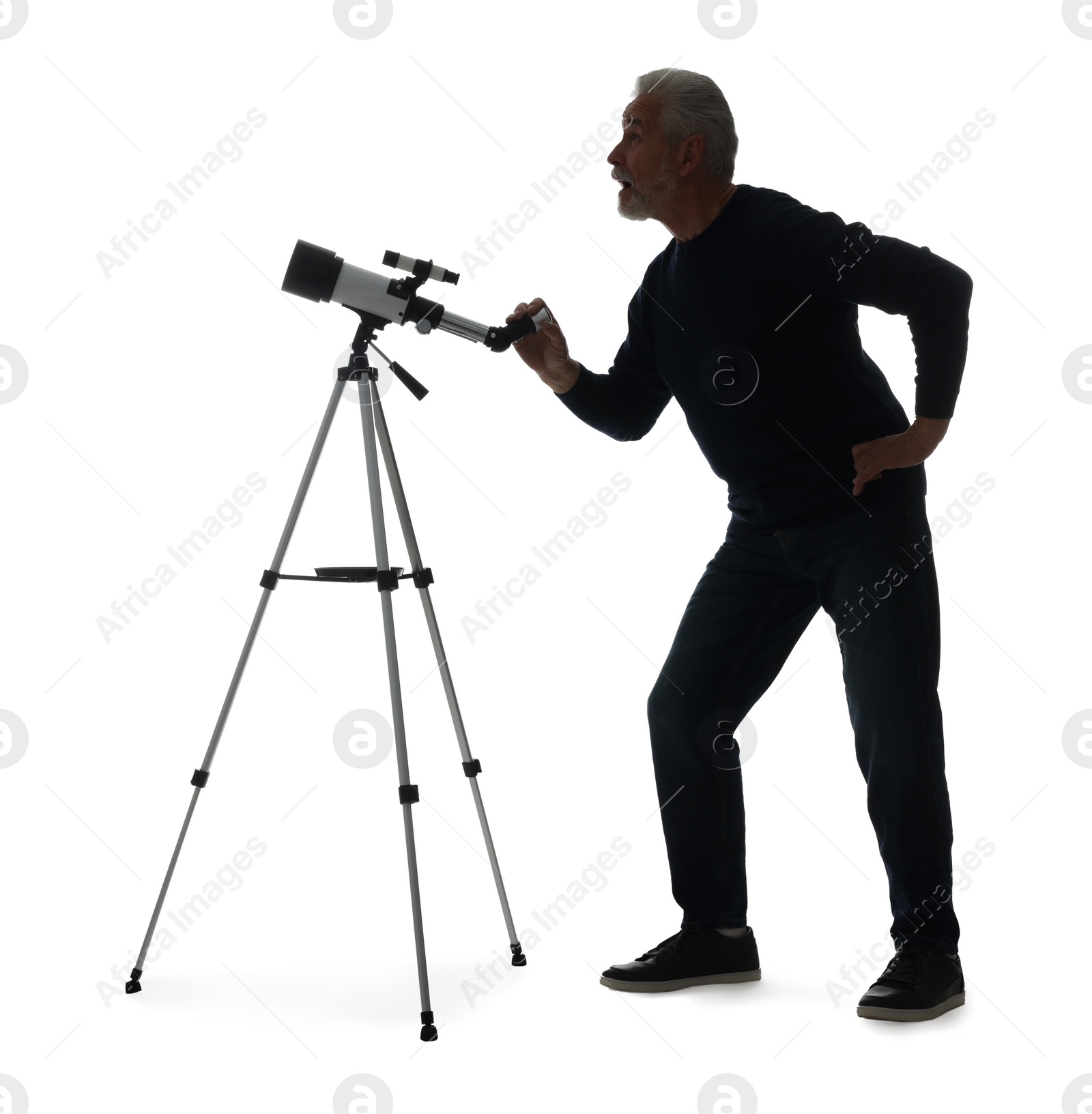 Photo of Senior astronomer with telescope on white background