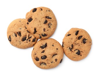 Photo of Delicious chocolate chip cookies isolated on white, top view