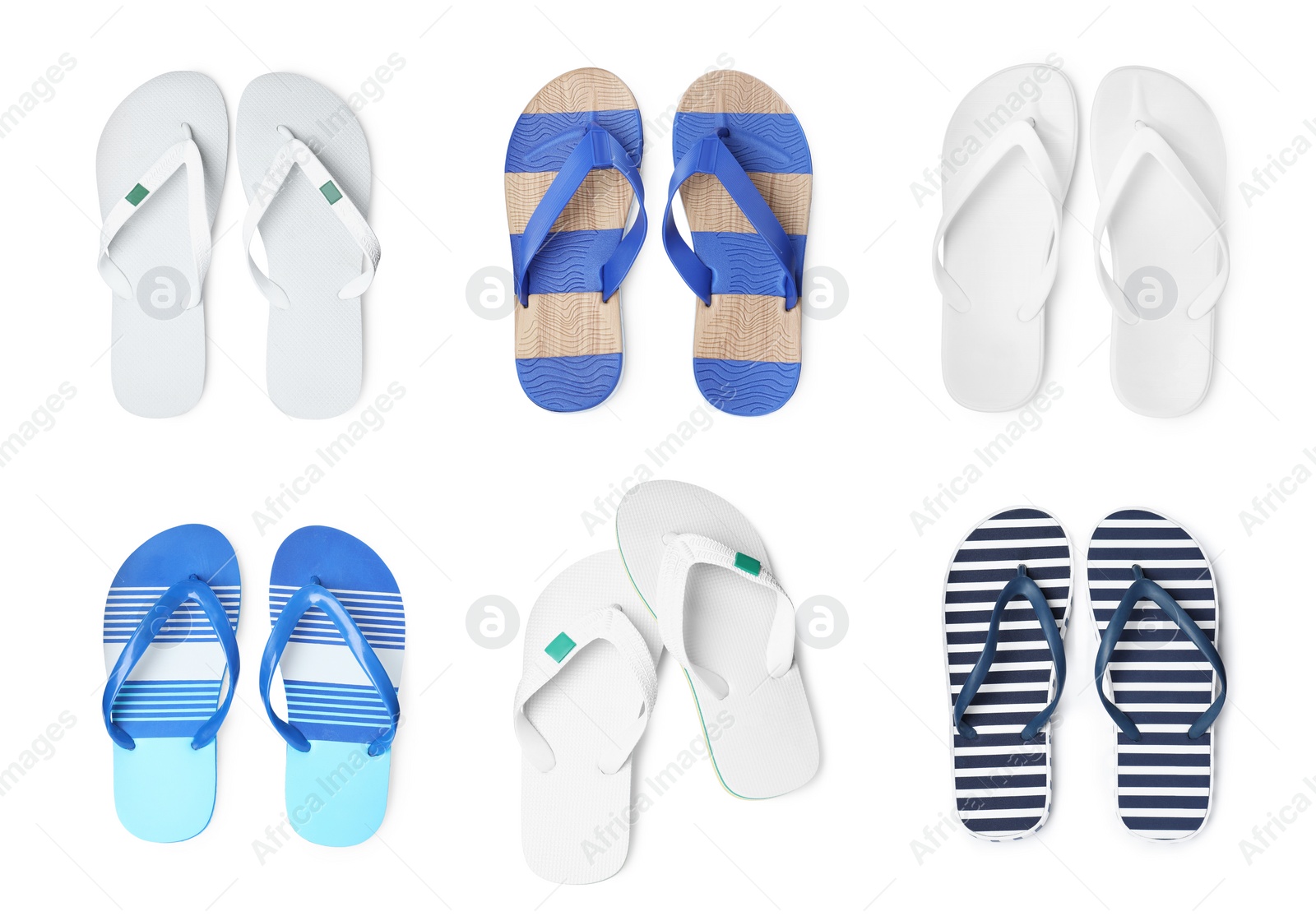 Image of Set with different flip flops on white background, top view 