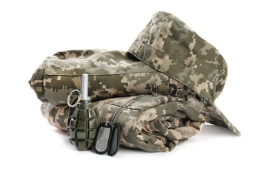Photo of Military clothes and grenade on white background