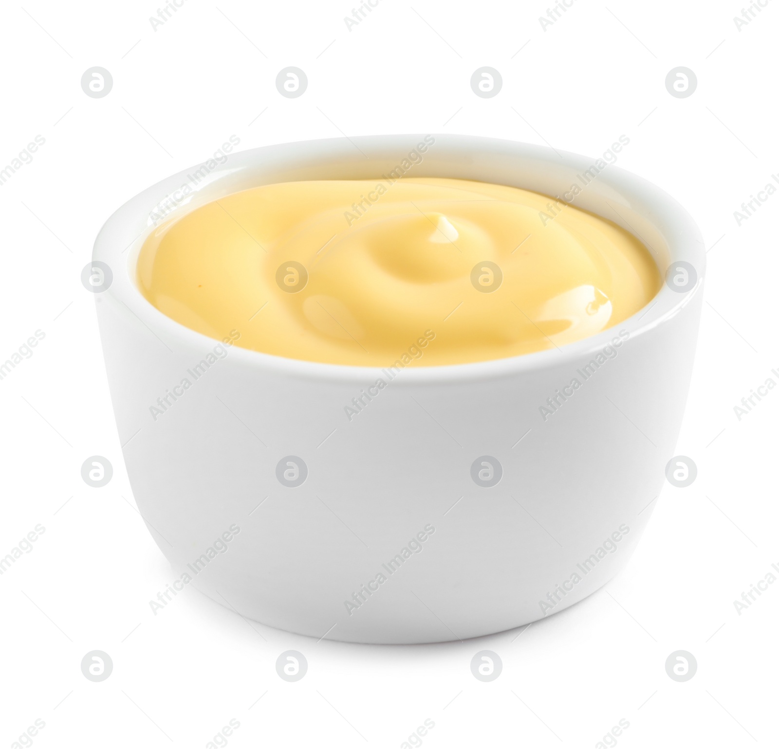 Photo of Delicious cheese sauce in bowl on white background