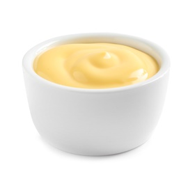 Photo of Delicious cheese sauce in bowl on white background