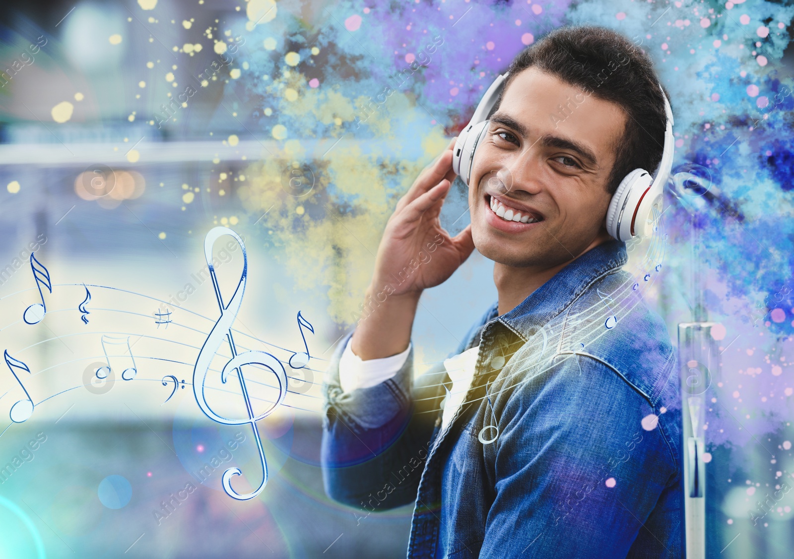 Image of Young African-American man listening to music with headphones outdoors. Bright notes illustration
