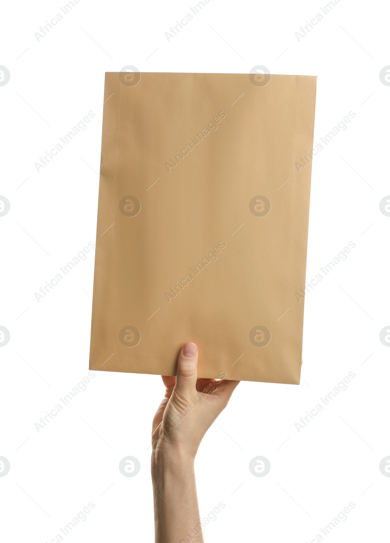 Photo of Woman holding kraft paper envelope on white background, closeup