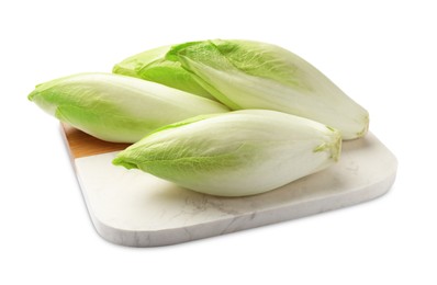 Photo of Raw ripe chicories on white background. Belgian endive