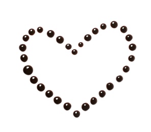 Heart made of dark chocolate drops on white background, top view