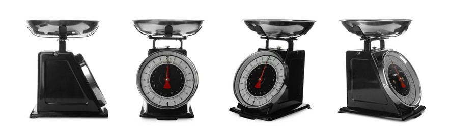 Image of Set with retro mechanical kitchen scales on white background. Banner design