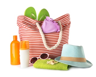 Photo of Composition with bag and beach accessories on white background