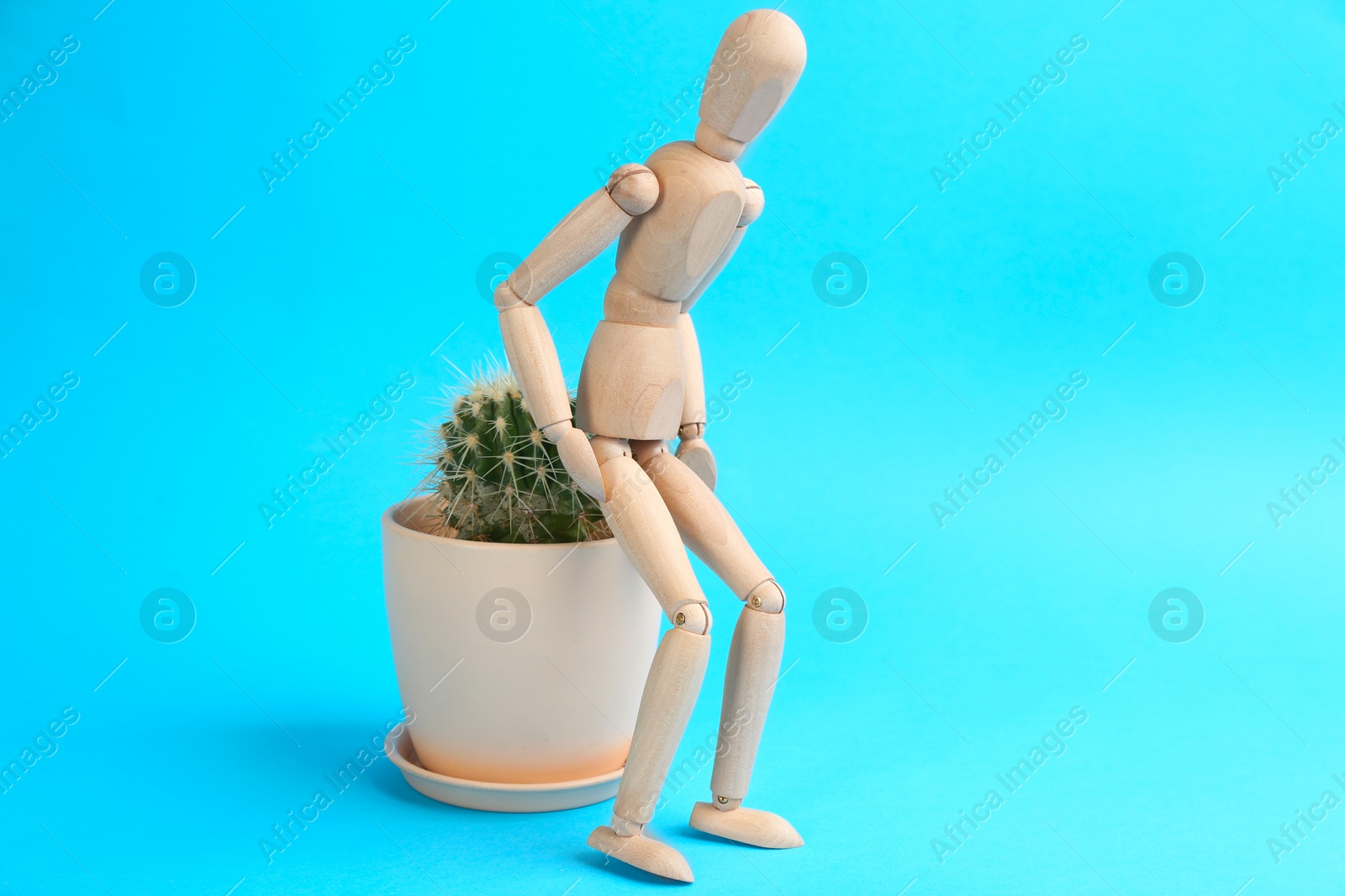 Photo of Wooden human figure and cactus on light blue background. Hemorrhoid problems