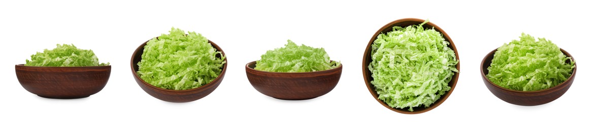 Collage with shredded fresh Chinese cabbage in bowls on white background