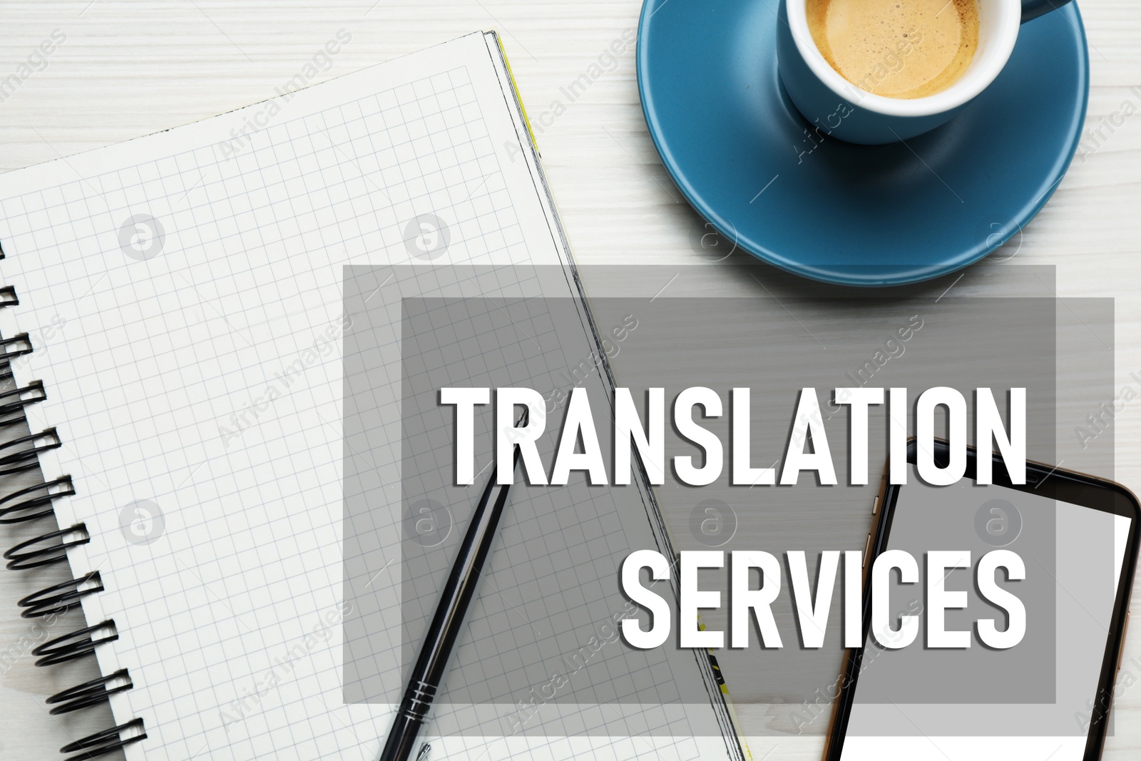 Image of Translation services. Flat lay composition with notebook on white wooden table
