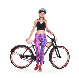 Portrait of sporty woman with bicycle on white background