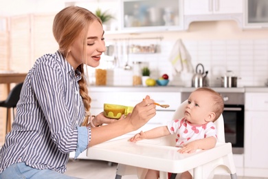 Photo of Woman feeding her child in highchair indoors. Healthy baby food