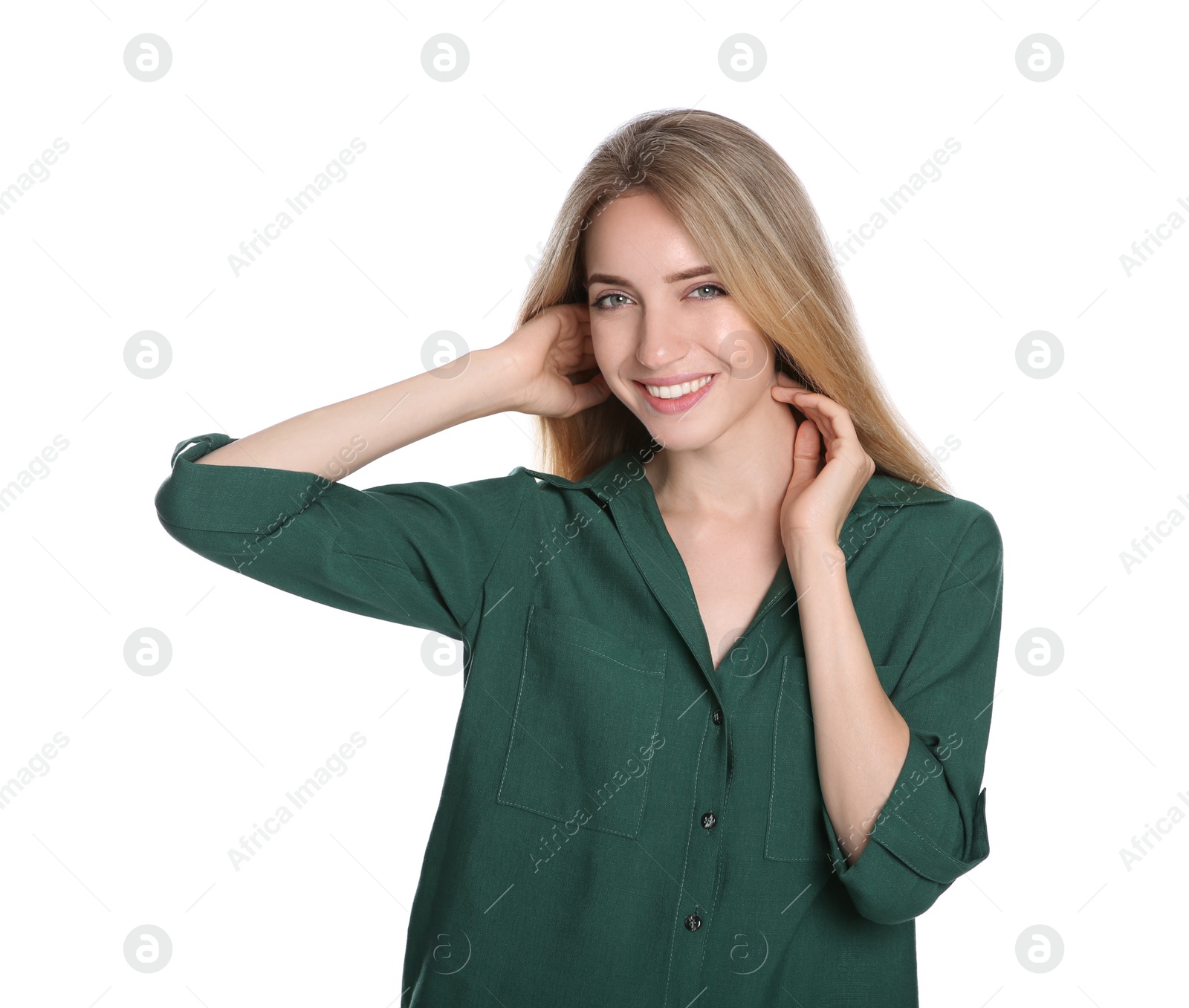 Photo of Portrait of beautiful young woman with blonde hair on white background