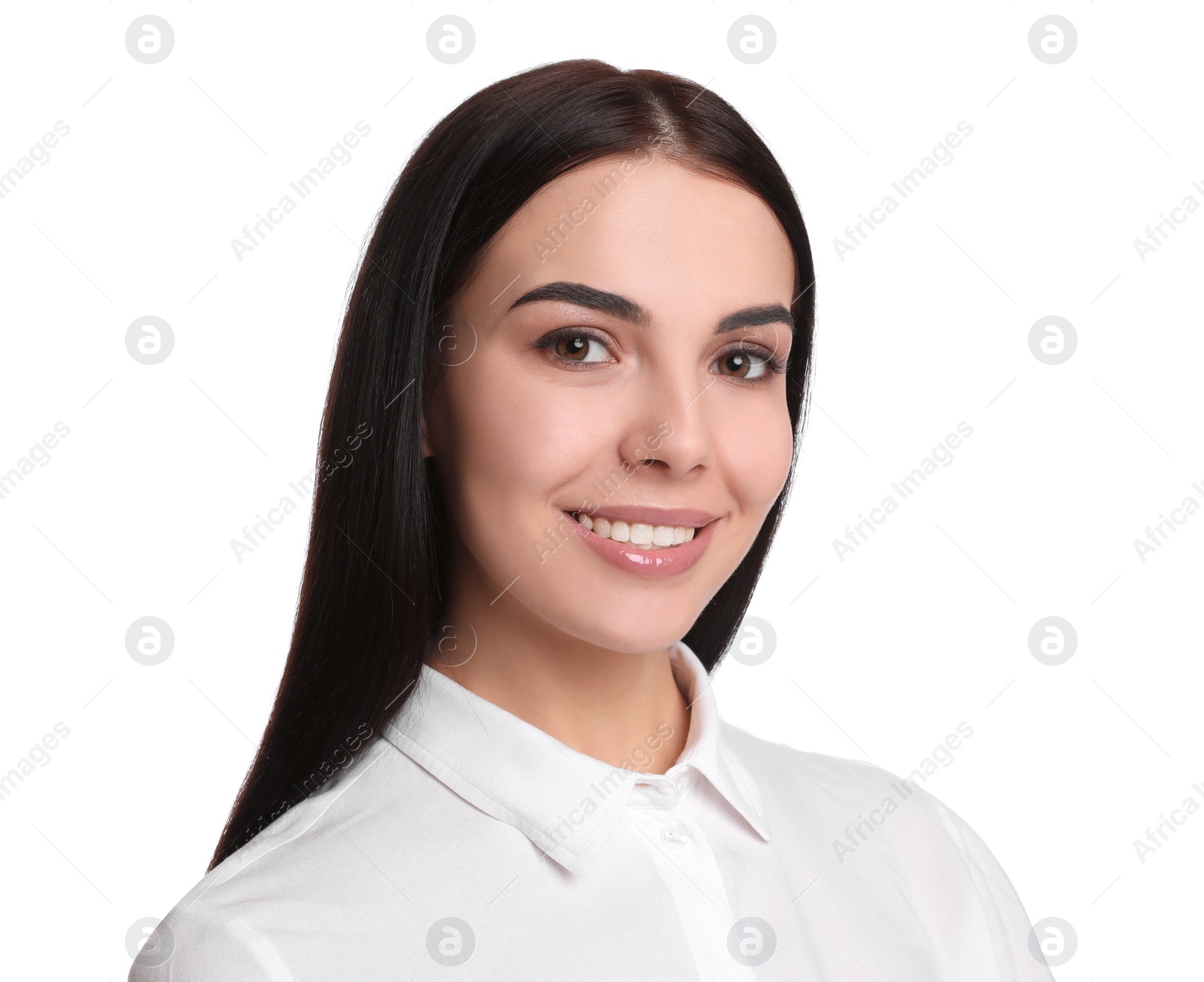 Photo of Portrait of young businesswoman on white background