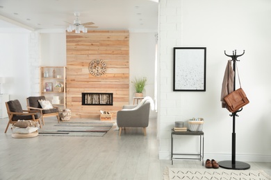 Photo of Apartment interior with stylish living room and hallway
