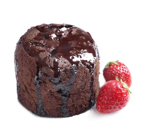 Delicious fresh fondant with hot chocolate and strawberries on white background. Lava cake recipe