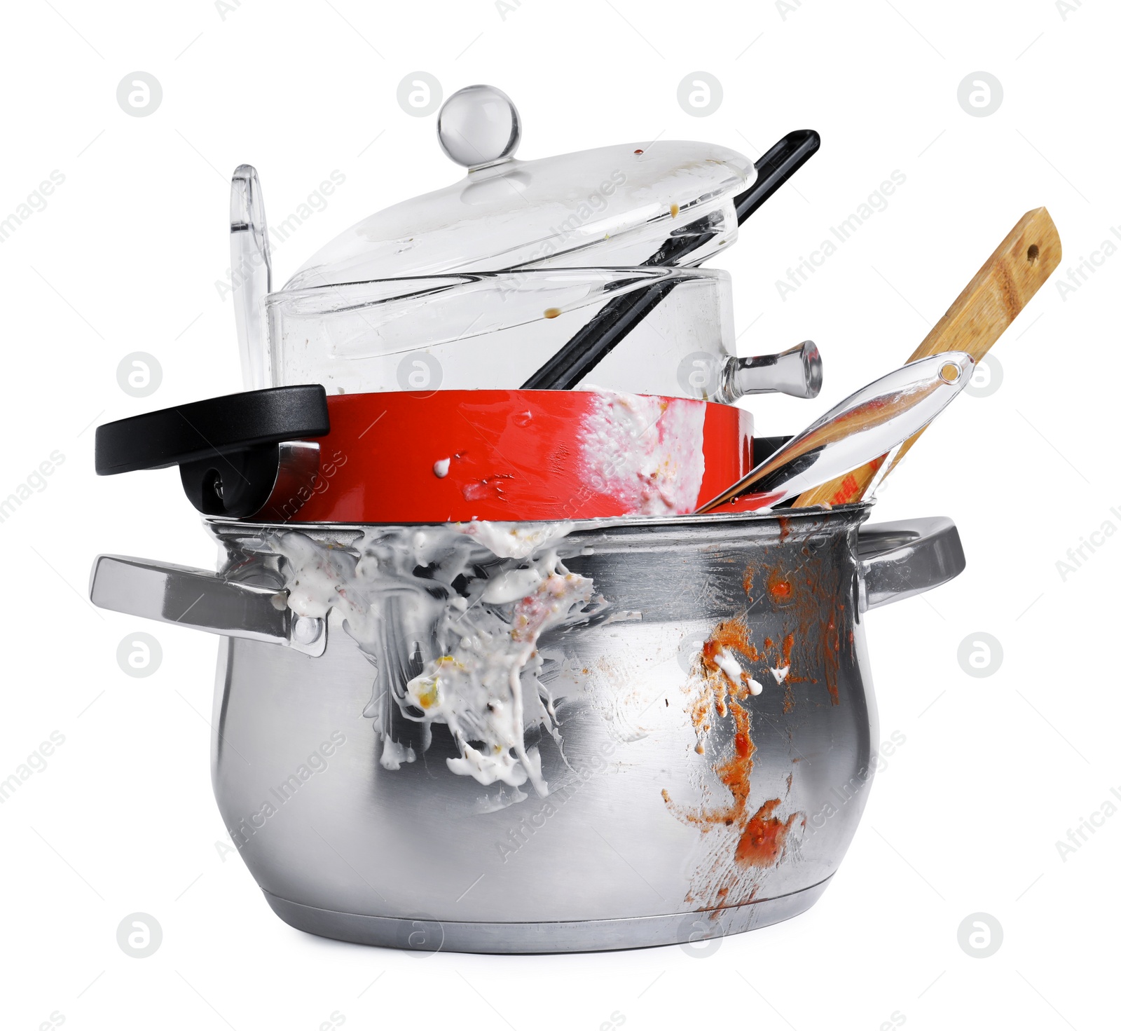 Photo of Stack of dirty kitchenware on white background