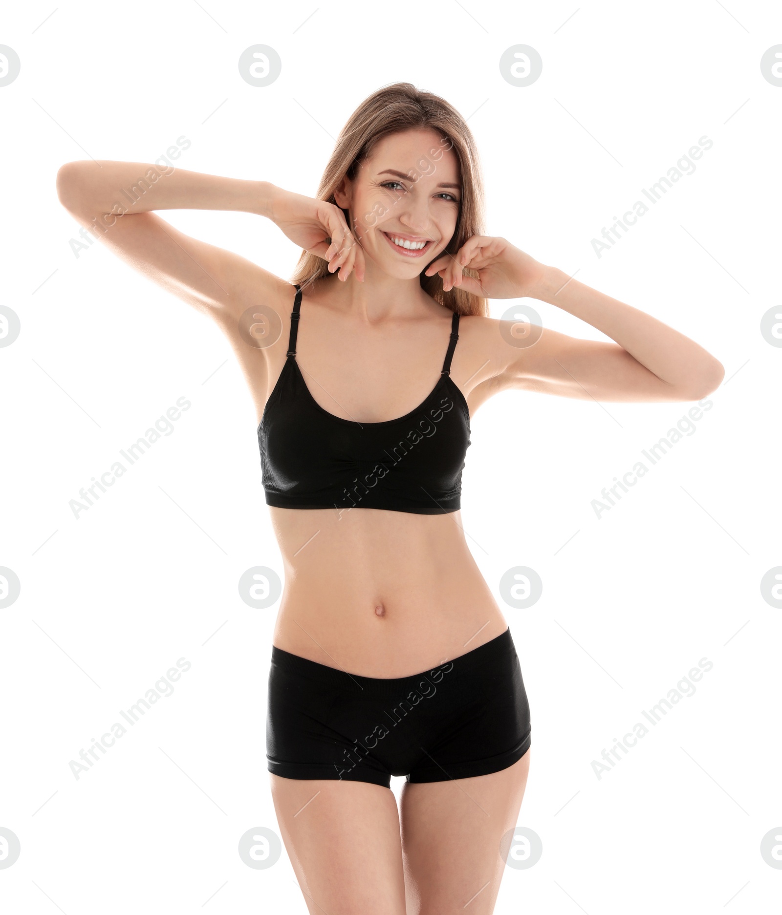 Photo of Young slim woman on white background. Perfect body