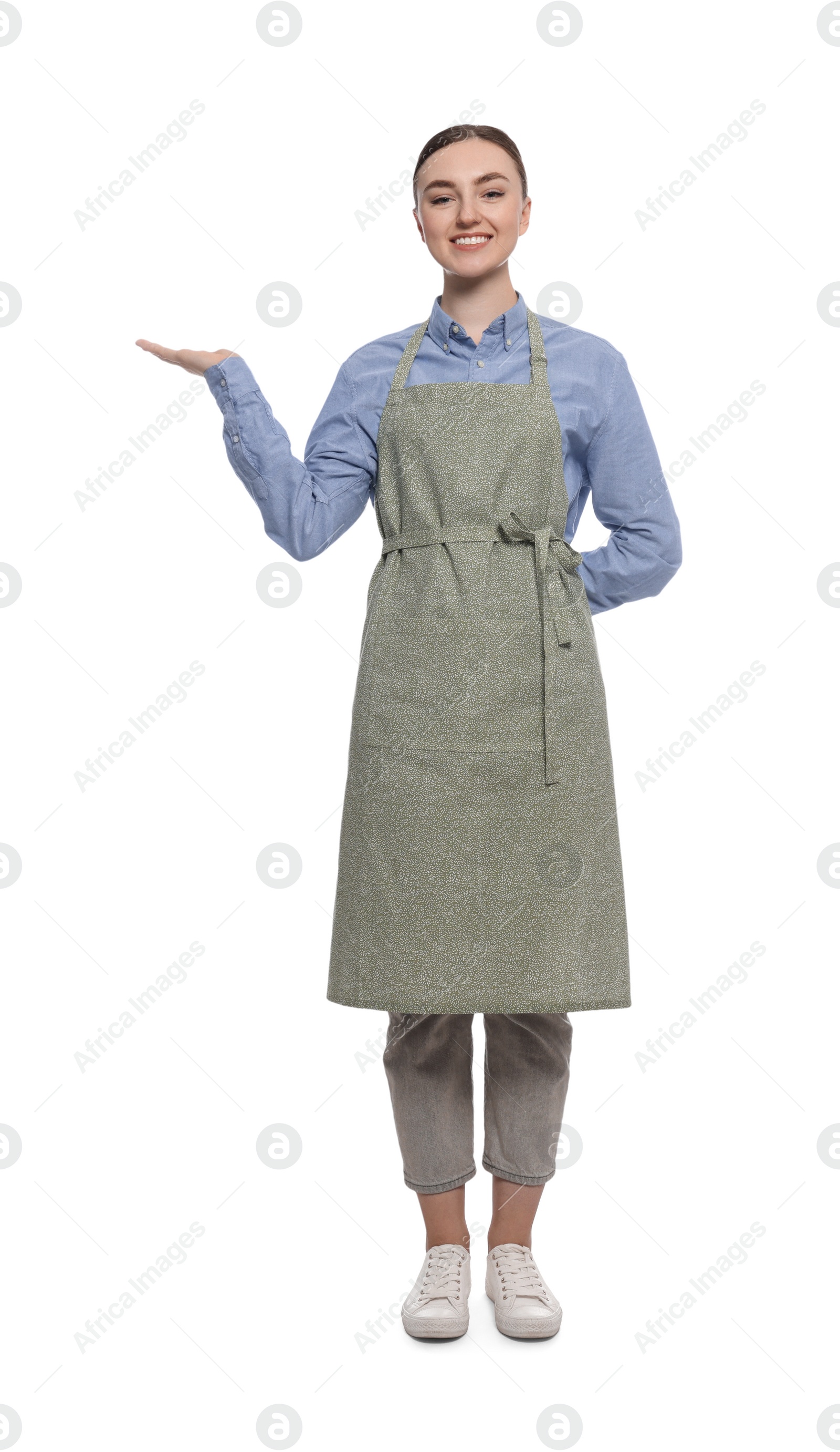 Photo of Beautiful young woman in clean apron on white background