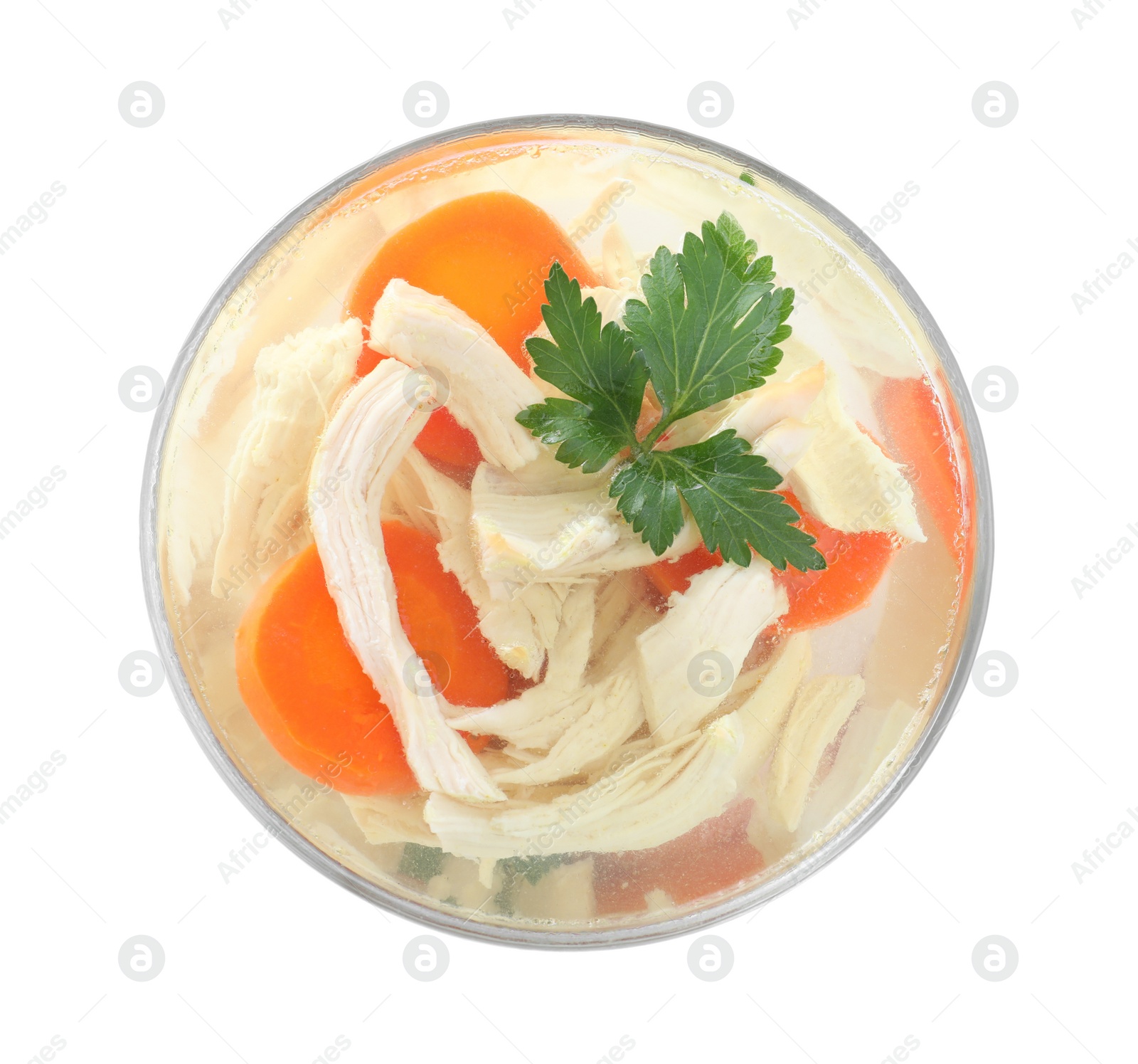 Photo of Delicious chicken aspic in glass bowl isolated on white, top view