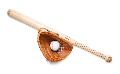 Photo of Wooden baseball bat, ball and glove isolated on white, top view