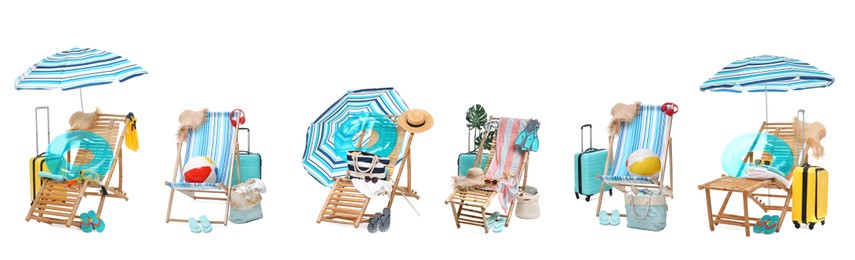 Image of Deck chairs with beach accessories isolated on white, set