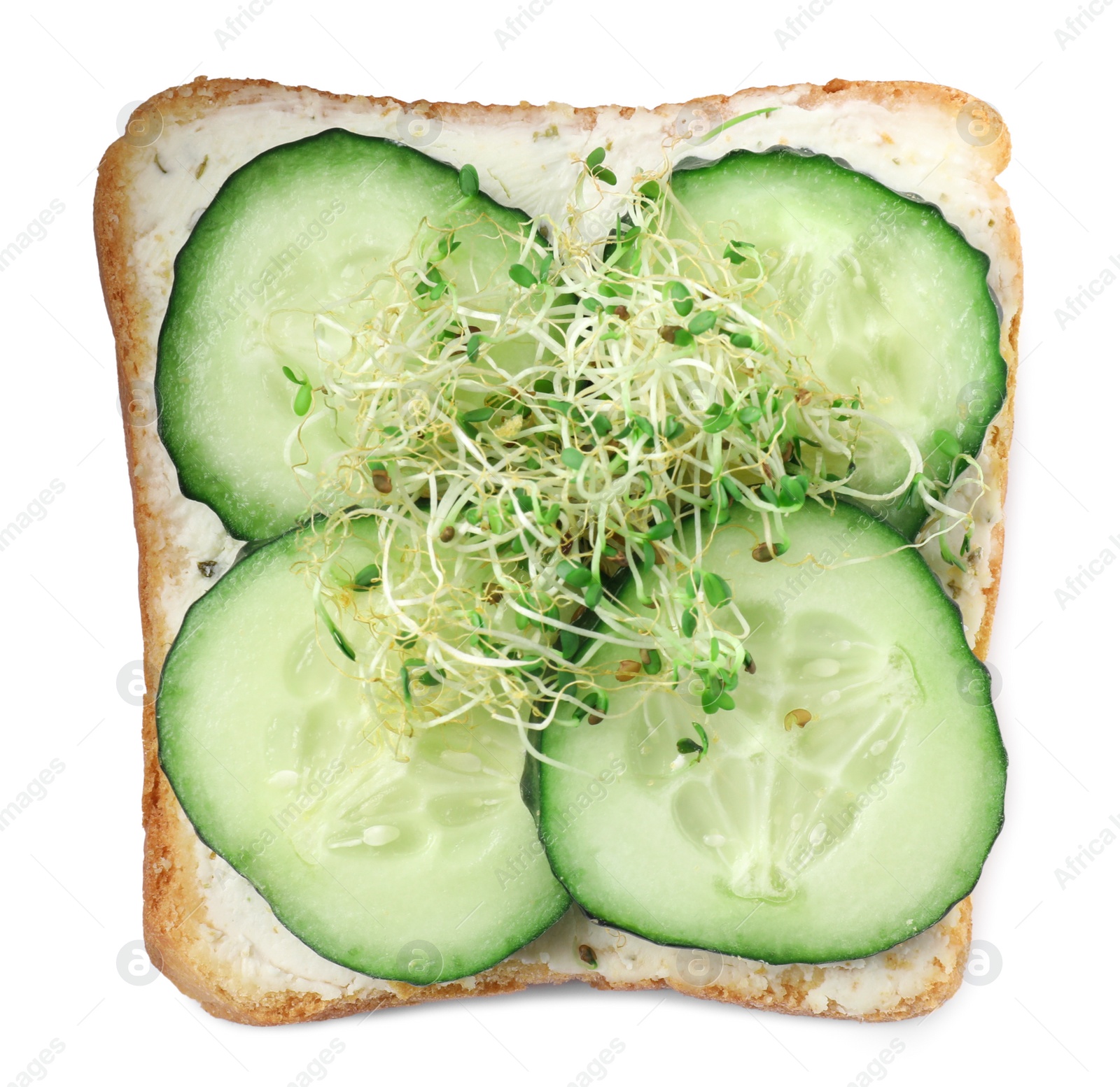 Photo of Tasty toast with cucumber, butter and microgreens isolated on white, top view