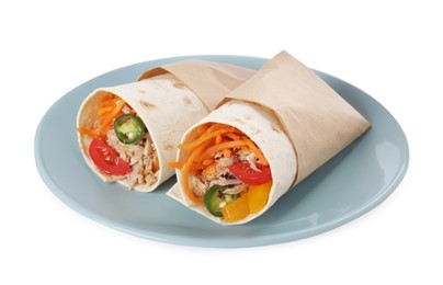 Photo of Delicious tortilla wraps with tuna isolated on white