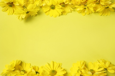 Photo of Beautiful flowers on yellow background, flat lay. Space for text
