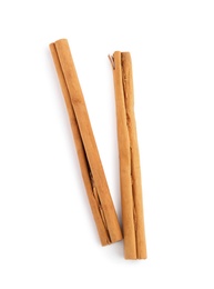 Photo of Aromatic dry cinnamon sticks on white background, top view