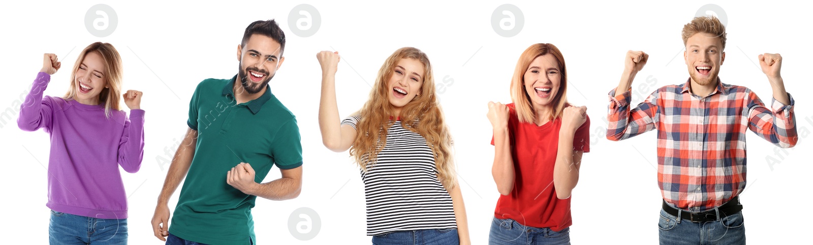 Image of Collage with photos of happy people celebrating victory on white background. Banner design