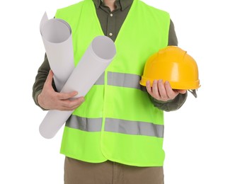 Architect with drafts and hard hat on white background, closeup